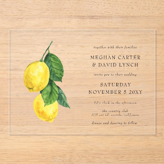 Rustige Waterverf Citrus Lemon Wedding Acryl Uitnodigingen (Voorkant)