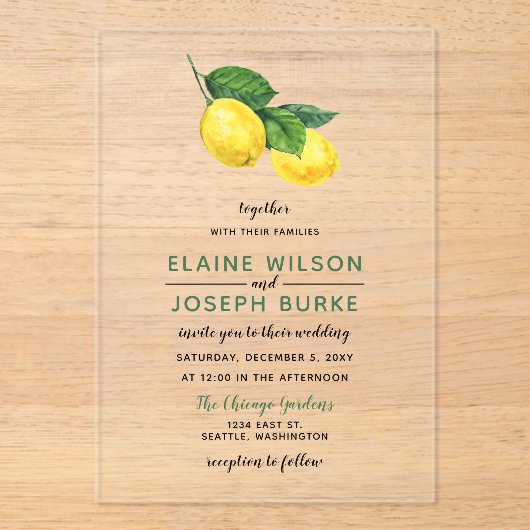 Rustige Waterverf Citrus Lemon Wedding Acryl Uitnodigingen (Voorkant)