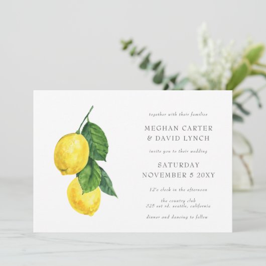 Rustige Waterverf Citrus Lemon Wedding Kaart (Staand voorkant)