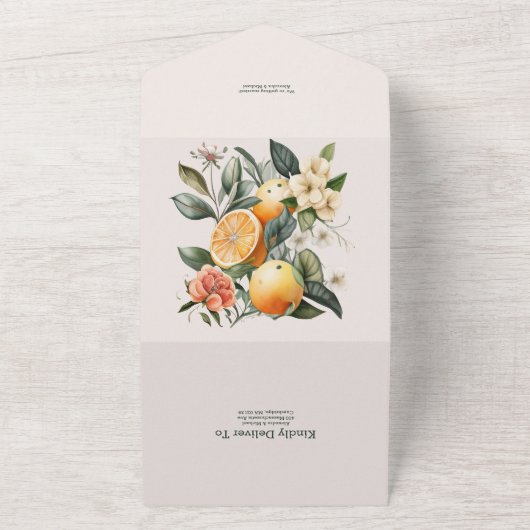 Rustige Waterverf Citrus Wedding All In One Uitnodiging (Buitenkant)