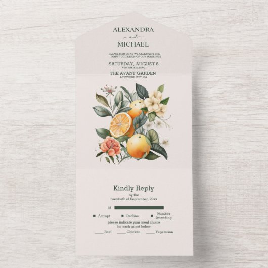 Rustige Waterverf Citrus Wedding All In One Uitnodiging (Binnen)