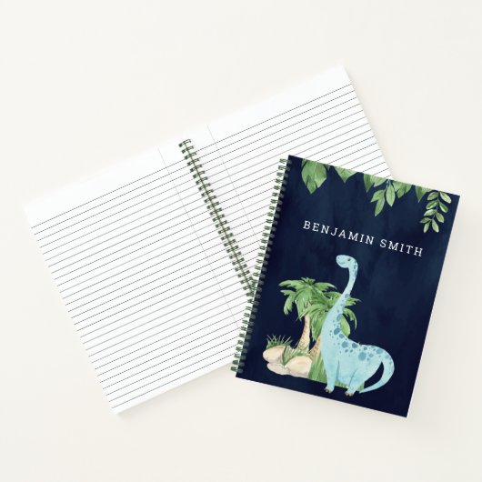 Rustige Waterverf Cute Dinosaur Navy Blue Notitieboek (Binnen)