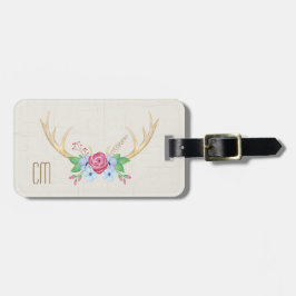 Rustige Waterverf Deer Antlers met bloemen Bagagelabel