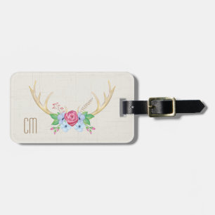 Rustige Waterverf Deer Antlers met bloemen Bagagelabel