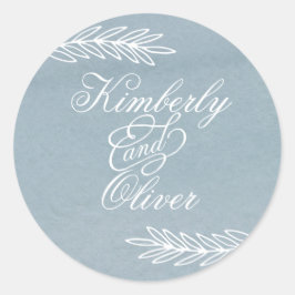 Rustige Waterverf Dusty Blue Natuur Leafy Wedding Ronde Sticker
