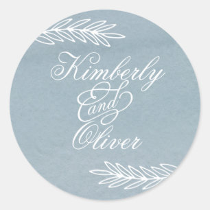Rustige Waterverf Dusty Blue Natuur Leafy Wedding Ronde Sticker