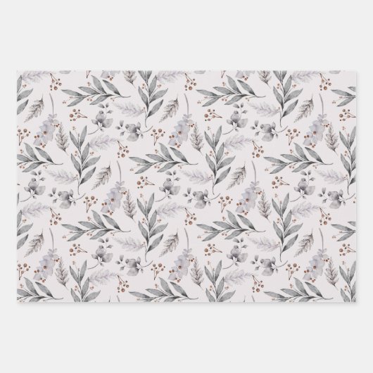 Rustige Waterverf Dusty Grey Leaves Winter Inpakpapier Vel (Voorkant 3)