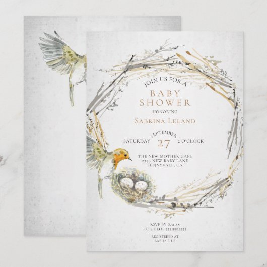 Rustige Waterverf en nesttwins Baby shower Kaart (Voorkant / Achterkant)