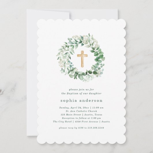 Rustige Waterverf Eucalyptus Baptisme Uitnodiging (Voorkant)