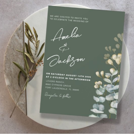 Rustige Waterverf Eucalyptus Dark Green Wedding Kaart