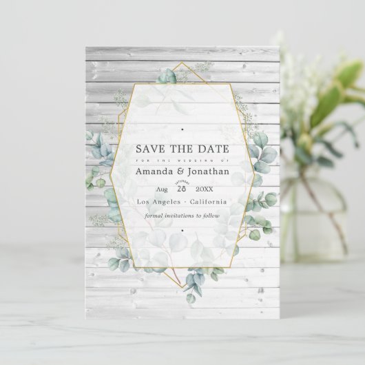 Rustige Waterverf Eucalyptus Geometric Wedding Save The Date (Staand voorkant)