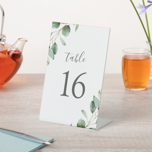 Rustige Waterverf Eucalyptus Greenery Table Number Reclamebord Met Voetstuk (Insitu)