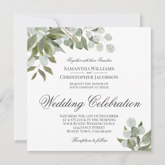 Rustige Waterverf Eucalyptus & Greenery Wedding Kaart (Voorkant)