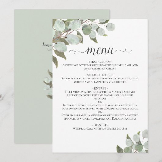 Rustige Waterverf Eucalyptus Leaves Sage Wedding Menu (Voorkant / Achterkant)
