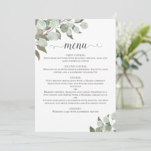 Rustige Waterverf Eucalyptus Leaves Sage Wedding Menu (Staand voorkant)