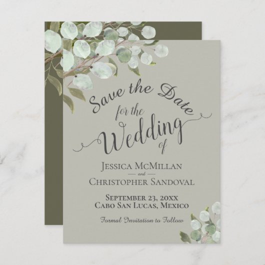 Rustige Waterverf Eucalyptus Leaves Sage Wedding Save The Date (Voorkant / Achterkant)