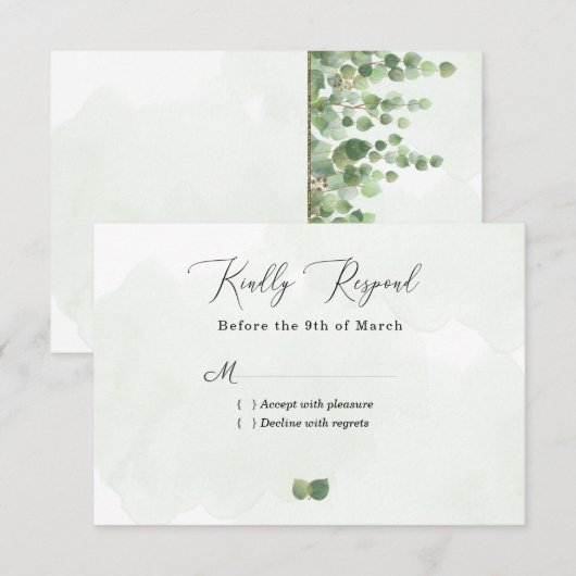 Rustige Waterverf Eucalyptus Leaves Wedding RSVP C Kaartje (Voorkant / Achterkant)