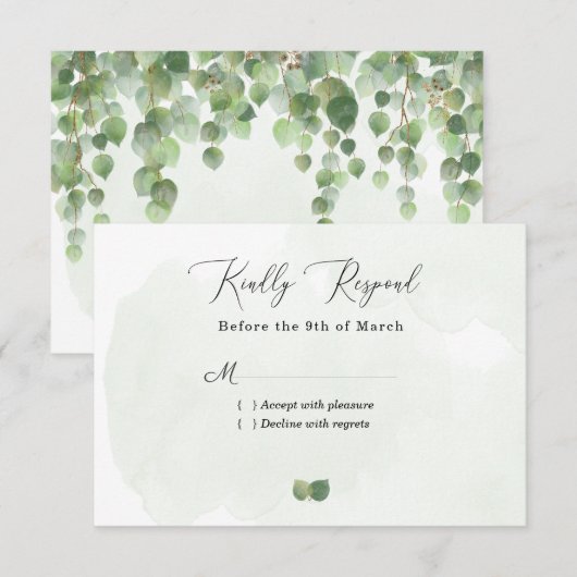 Rustige Waterverf Eucalyptus Leaves Wedding RSVP Kaartje (Voorkant / Achterkant)
