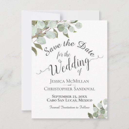 Rustige Waterverf Eucalyptus Leaves White Wedding Save The Date (Voorkant)