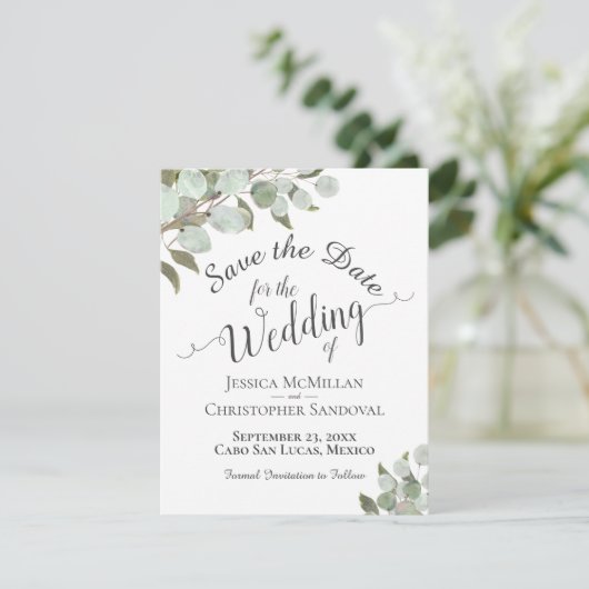 Rustige Waterverf Eucalyptus Leaves White Wedding Save The Date (Staand voorkant)
