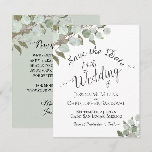Rustige Waterverf Eucalyptus Leaves White Wedding Save The Date (Voorkant / Achterkant)