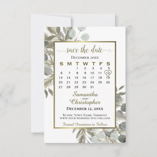 Rustige Waterverf Eucalyptus Pine Calendar Wedding Save The Date (Voorkant)