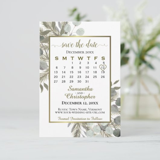 Rustige Waterverf Eucalyptus Pine Calendar Wedding Save The Date (Staand voorkant)