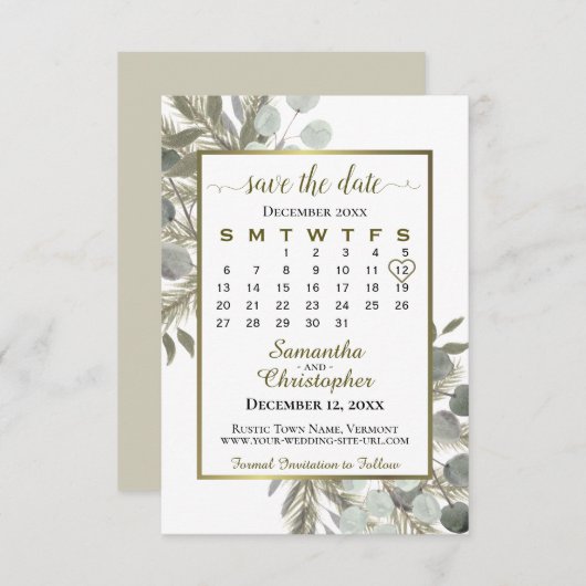 Rustige Waterverf Eucalyptus Pine Calendar Wedding Save The Date (Voorkant / Achterkant)