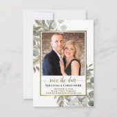 Rustige Waterverf Eucalyptus & Pine-fotohuwelijk Save The Date (Voorkant)