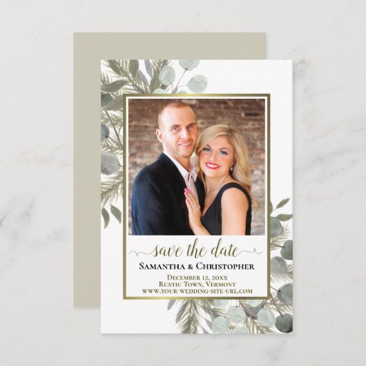 Rustige Waterverf Eucalyptus & Pine-fotohuwelijk Save The Date (Voorkant / Achterkant)