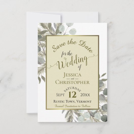 Rustige Waterverf Eucalyptus & Pine Gold Wedding Save The Date (Voorkant)