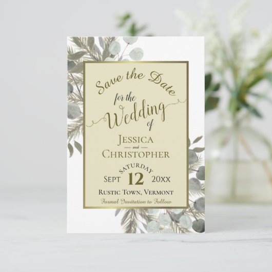 Rustige Waterverf Eucalyptus & Pine Gold Wedding Save The Date (Staand voorkant)
