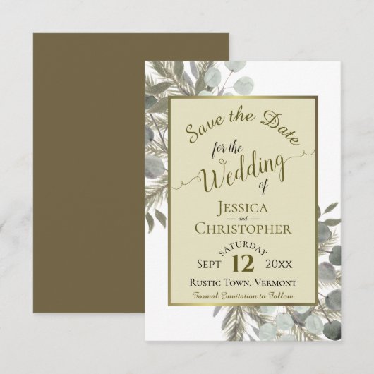Rustige Waterverf Eucalyptus & Pine Gold Wedding Save The Date (Voorkant / Achterkant)