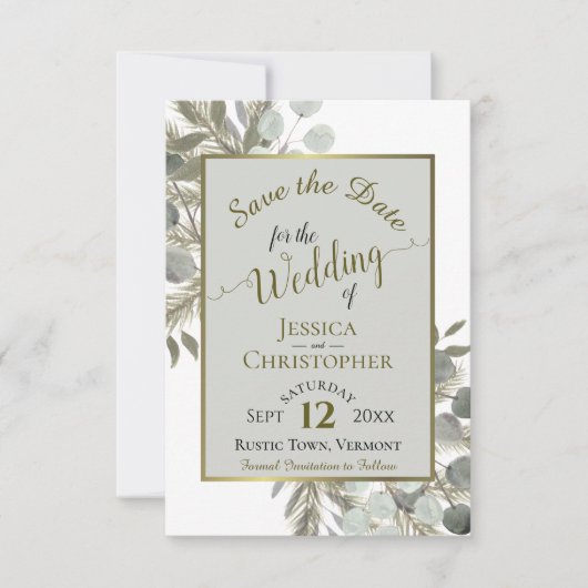 Rustige Waterverf Eucalyptus & Pine Gray Wedding Save The Date (Voorkant)