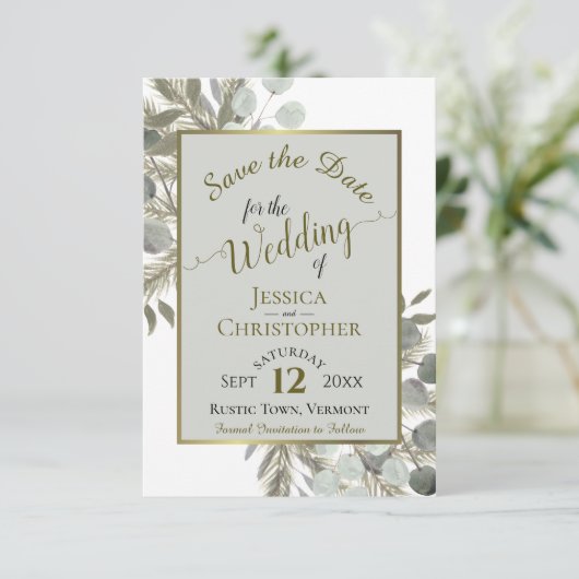 Rustige Waterverf Eucalyptus & Pine Gray Wedding Save The Date (Staand voorkant)