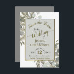 Rustige Waterverf Eucalyptus & Pine Gray Wedding Save The Date<br><div class="desc">Met deze mooie kaarten kunnen je vrienden en familie de datum van je aanstaande bruiloft redden. Ze zijn voorzien van een elegant boho chic waterverf met handbeschilderde snijwonden van eucalyptusbladeren en pijnboomtakken in grijsgroen en goud. De titel wordt geschreven in de kalligrafie van het alfabetische manuscript met ruimte voor de...</div>