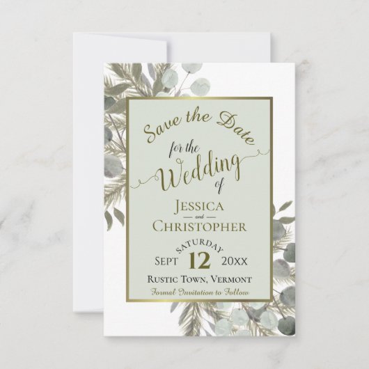Rustige Waterverf Eucalyptus & Pine Sage Wedding Save The Date (Voorkant)