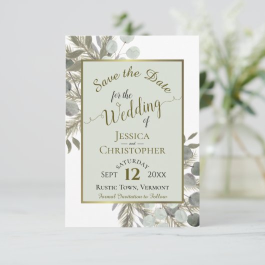 Rustige Waterverf Eucalyptus & Pine Sage Wedding Save The Date (Staand voorkant)