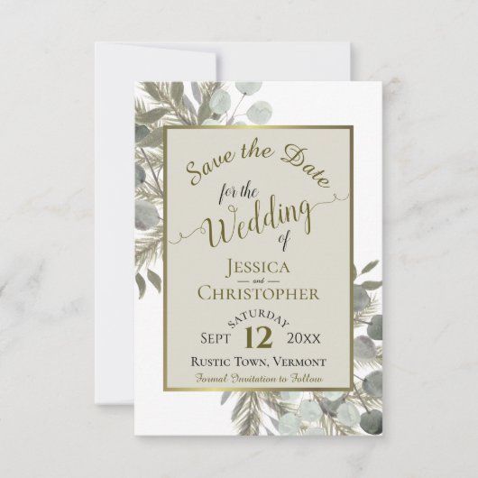 Rustige Waterverf Eucalyptus & Pine Taupe Wedding Save The Date (Voorkant)