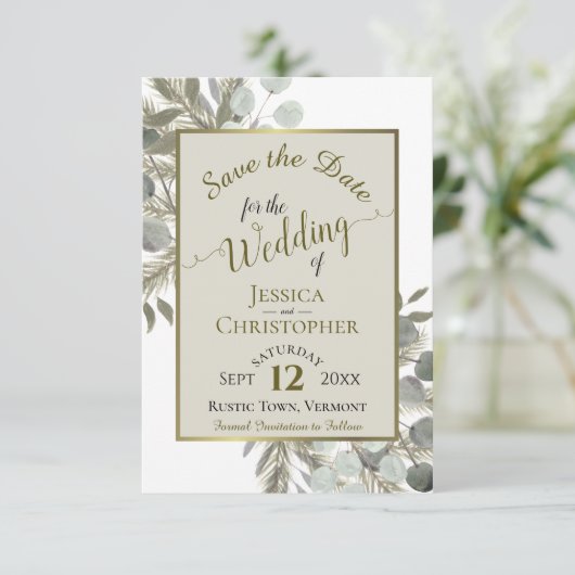 Rustige Waterverf Eucalyptus & Pine Taupe Wedding Save The Date (Staand voorkant)