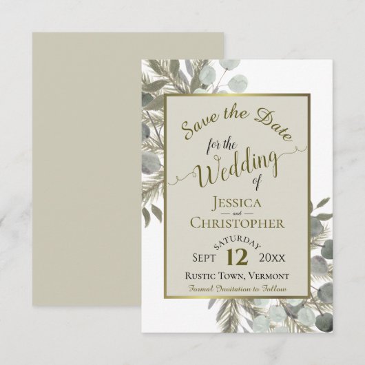 Rustige Waterverf Eucalyptus & Pine Taupe Wedding Save The Date (Voorkant / Achterkant)