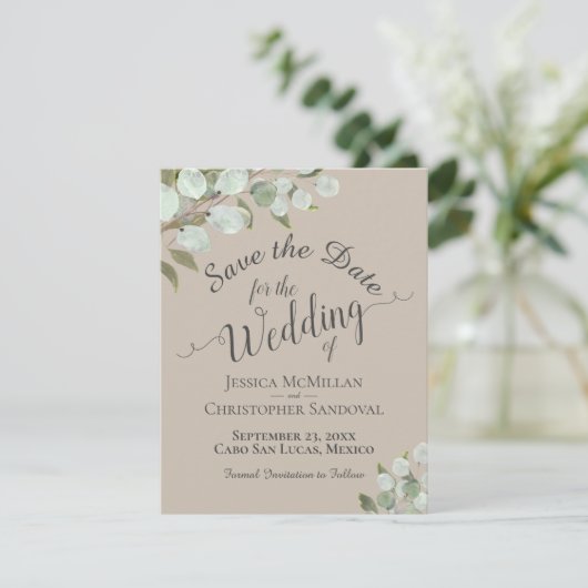 Rustige Waterverf Eucalyptus springt met tan Weddi Save The Date (Staand voorkant)