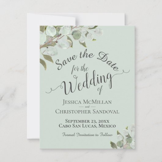 Rustige Waterverf Eucalyptus vertrekt mint bruilof Save The Date (Voorkant)