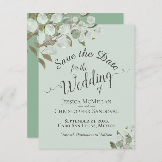 Rustige Waterverf Eucalyptus vertrekt mint bruilof Save The Date (Voorkant / Achterkant)