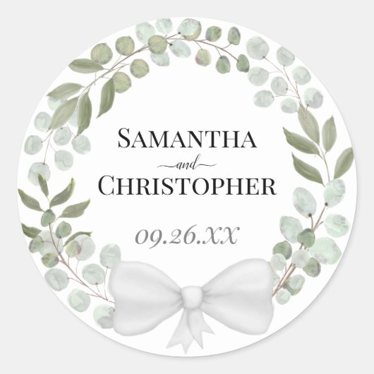 Rustige Waterverf Eucalyptus Wreath Wedding Ronde Sticker (Voorkant)