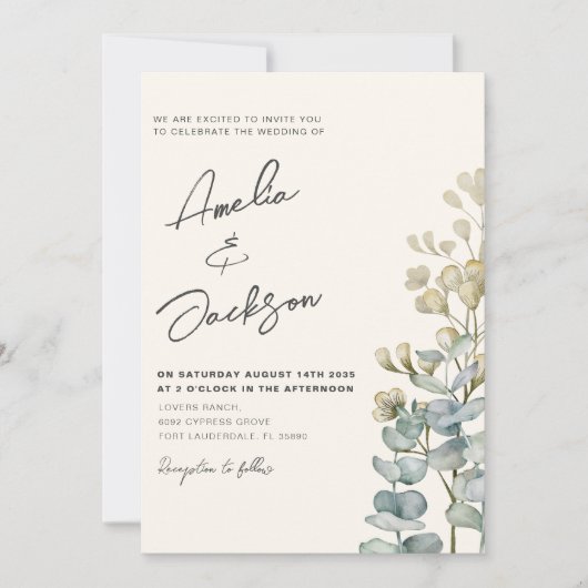Rustige Waterverf Eucalyputs Greenery Wedding Inv Kaart (Voorkant)