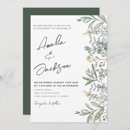 Rustige Waterverf Eucalyputs Greenery Wedding Invi Kaart (Voorkant / Achterkant)
