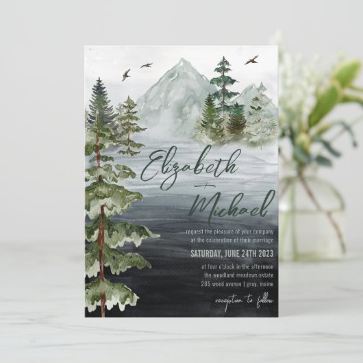 Rustige Waterverf Evergreen Mountain Wedding Invit Kaart (Staand voorkant)