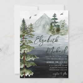 Rustige Waterverf Evergreen Mountain Wedding Invit Kaart