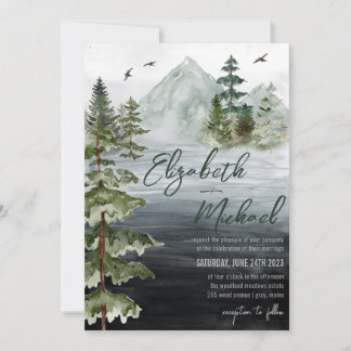 Rustige Waterverf Evergreen Mountain Wedding Invit Kaart